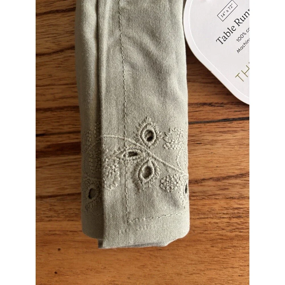 Table Runner 100% Cotton Eyelet Green Threshold 14” X 72”